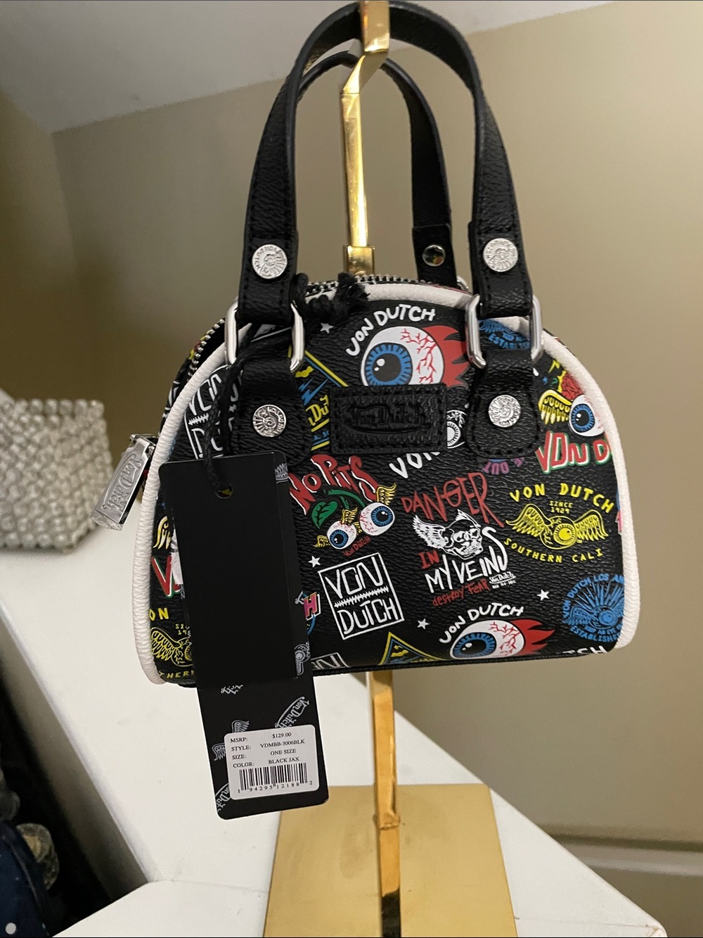 Von Dutch Black Graphic Mini Satchel with Multicolor Print